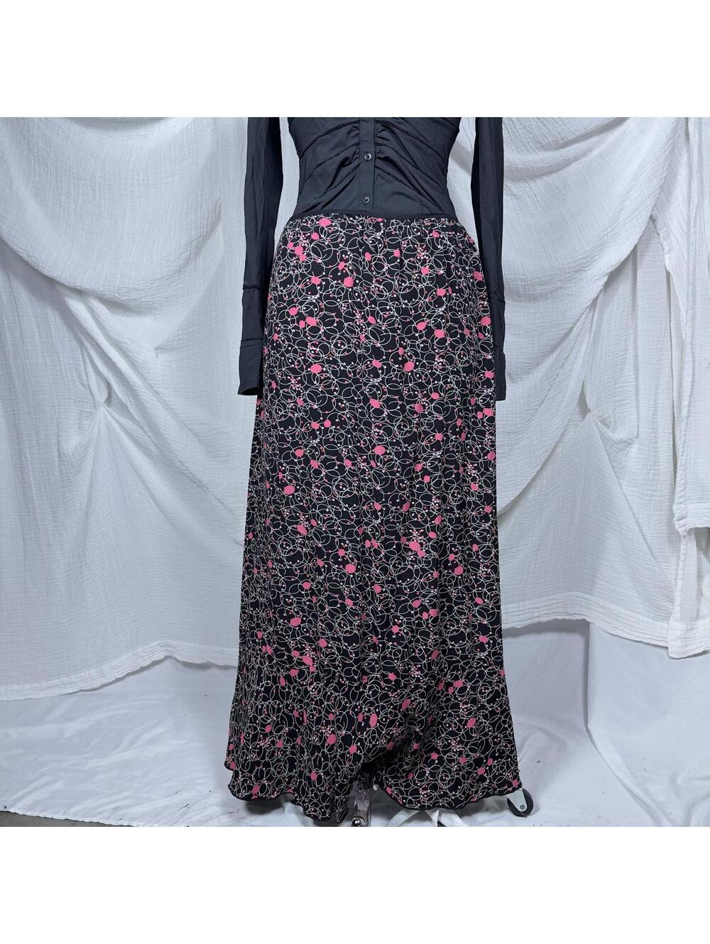 Y2k 2000s Whimsygoth Preppy Coquette Boho Black & Pink Floral Maxi Skirt (M) - Picture 1 of 5